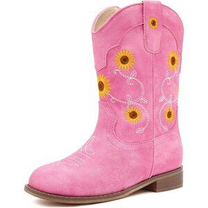 ⚡Girls Rose Pink Floral Embroidered Cowgirl Boots Western Square Toe Mid Calf